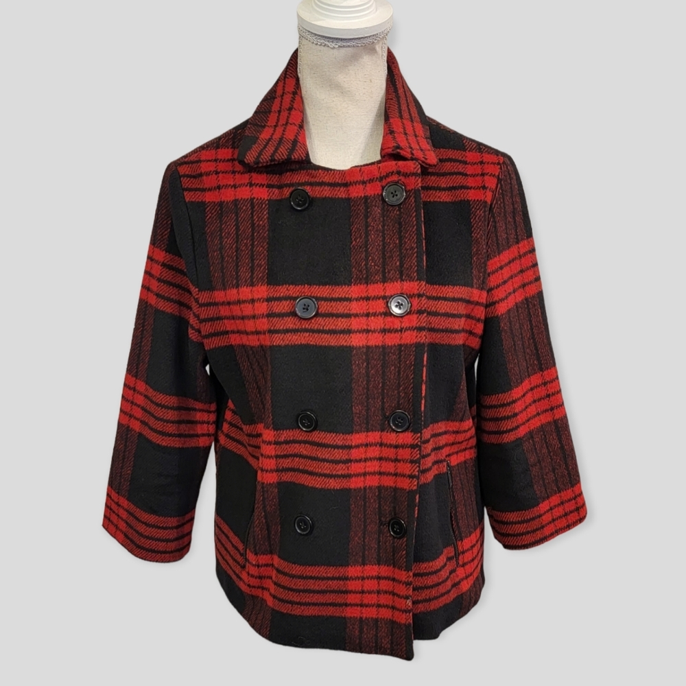 Jack by BB Dakota Red Black Plaid Double Breasted Button Coat Jacket Small